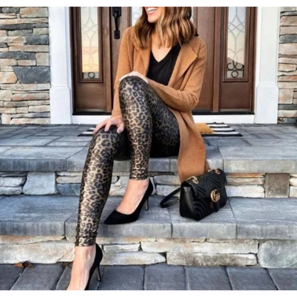 Spanx Faux Leather Leopard Print Leggings Womens Small